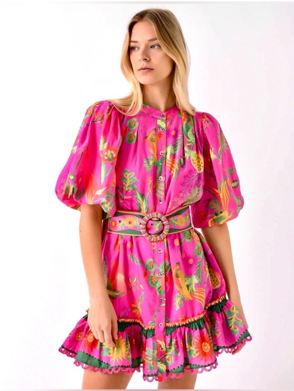 FARM Rio Hot Pink Tropical Print Puff-Sleeve Dress